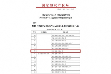 J9集团国际站集团被评为2017年度国度知识产权示范企业
